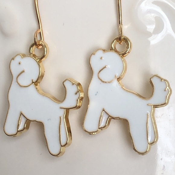 New Puppy Dog Dangling Enamel Charm Earrings White Small Lab Terrier Unique Gift - Picture 2 of 5